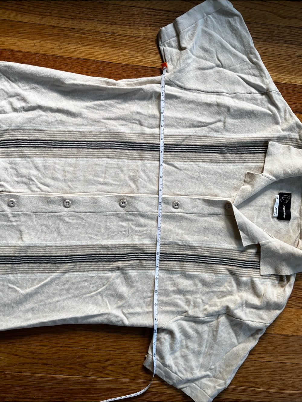 Men's Cream Short-Sleeve Button Up Polo with Black Stripe Detail Cuban Cigar